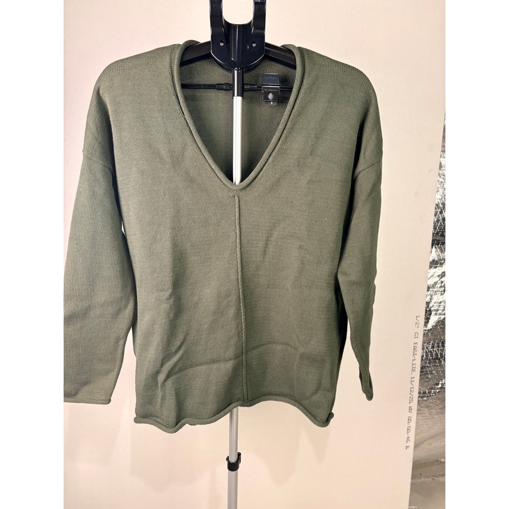 Olive Green V-Neck Sweater Relaxed Fit Center Seam Drop Shoulder Pullover Large